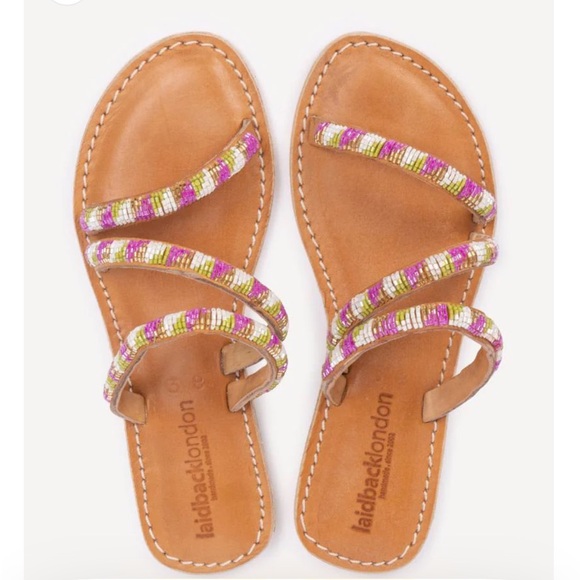 Free People New laidback London hand beaded Kilifi Flat Leather Sandal Lime Mix
